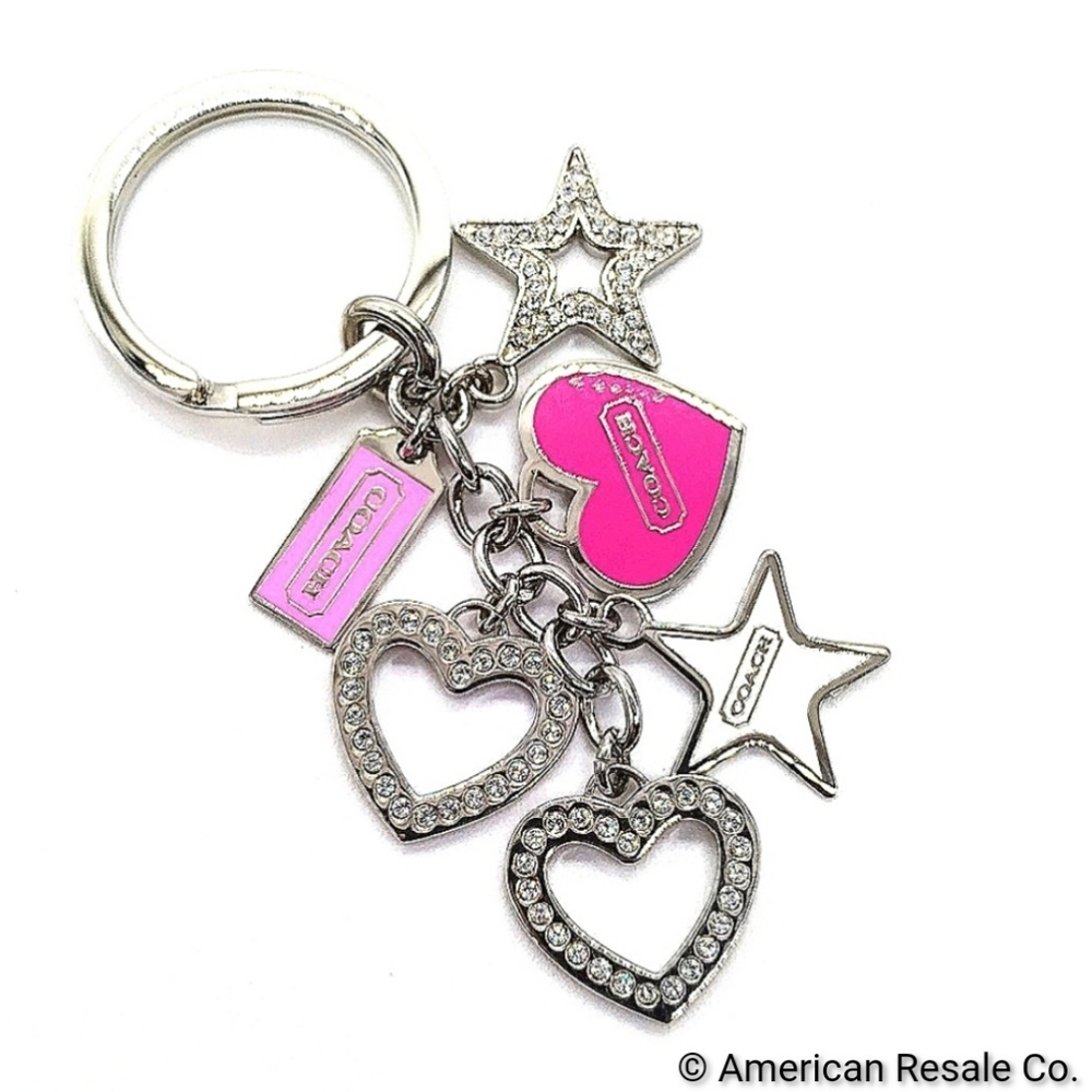 Vintage COACH Pink Heart Stars Swarovski Crystal Multi Charm Keychain Fob-NWOT